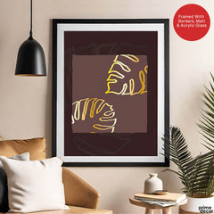 Golden Tropical Leaves Over Purple Brown Background | Abstract Floral Artwork #00300 - Prime Décor