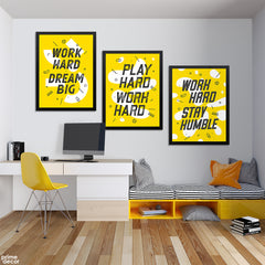 Work Hard Stay Humble Typography On Yellow Background (3 Panel) Office Wall Art - Prime Décor