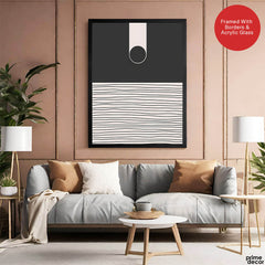 Black & White Linear Design Over Moon Shape Abstract | Abstract Office Artwork #00305 - Prime Décor