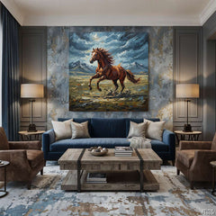 Galloping Horse in a Storm Knife Work Style Digital Painting (Single Panel) Square Wall Art
