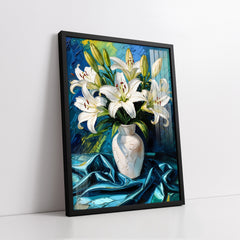 White Lilies In Vase On Blue Satin Knife Work (Single Panel) Digital Painting Wall Art