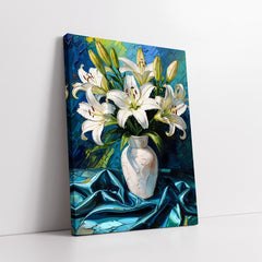 White Lilies In Vase On Blue Satin Knife Work (Single Panel) Digital Painting Wall Art