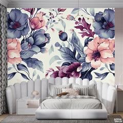 Oversized Plum & Blush Pink Watercolor Flowers | Moody Botanical Wallpaper Mural