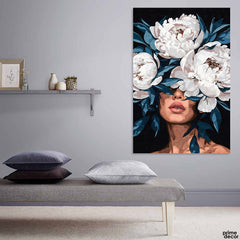 Beautiful Women Face Artwork With White Flowers | Fashion Poster Wall Art