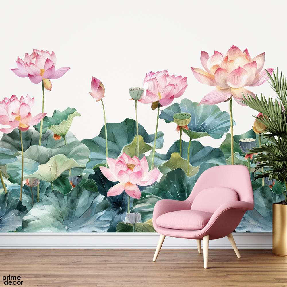 Pink Flowers With Green Leaves Over White Background | Floral Wallpaper Mural