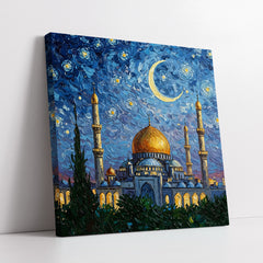 Golden Dome Mosque Under Starry Night Knife Work (Single Panel) Square Wall Art