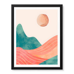 Orange & Green Abstract Mountain Design With Moon | Abstract Nature Artwork #00311 - Prime Décor
