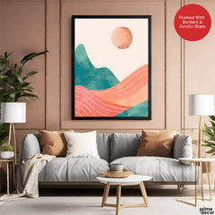 Orange & Green Abstract Mountain Design With Moon | Abstract Nature Artwork #00311 - Prime Décor