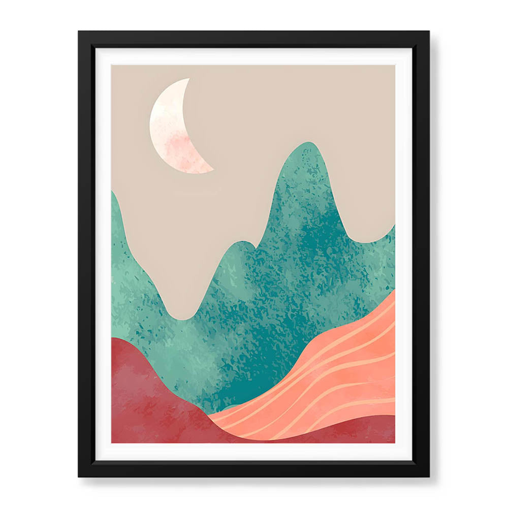 Orange & Green Abstract Mountain Design With Moon | Abstract Nature Artwork #00312 - Prime Décor