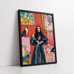 Woman In Teal Dress With Colorful Birds Knife Work (Single Panel) Digital Painting Wall Art