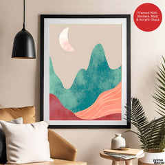 Orange & Green Abstract Mountain Design With Moon | Abstract Nature Artwork #00312 - Prime Décor