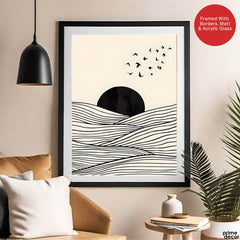 Black & White Sea View With Sun Over Flying Birds | Abstract Nature Artwork #00317 - Prime Décor