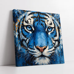 Majestic Blue Tiger Face With Gold Accents (Single Panel) Digital Painting Wall Art