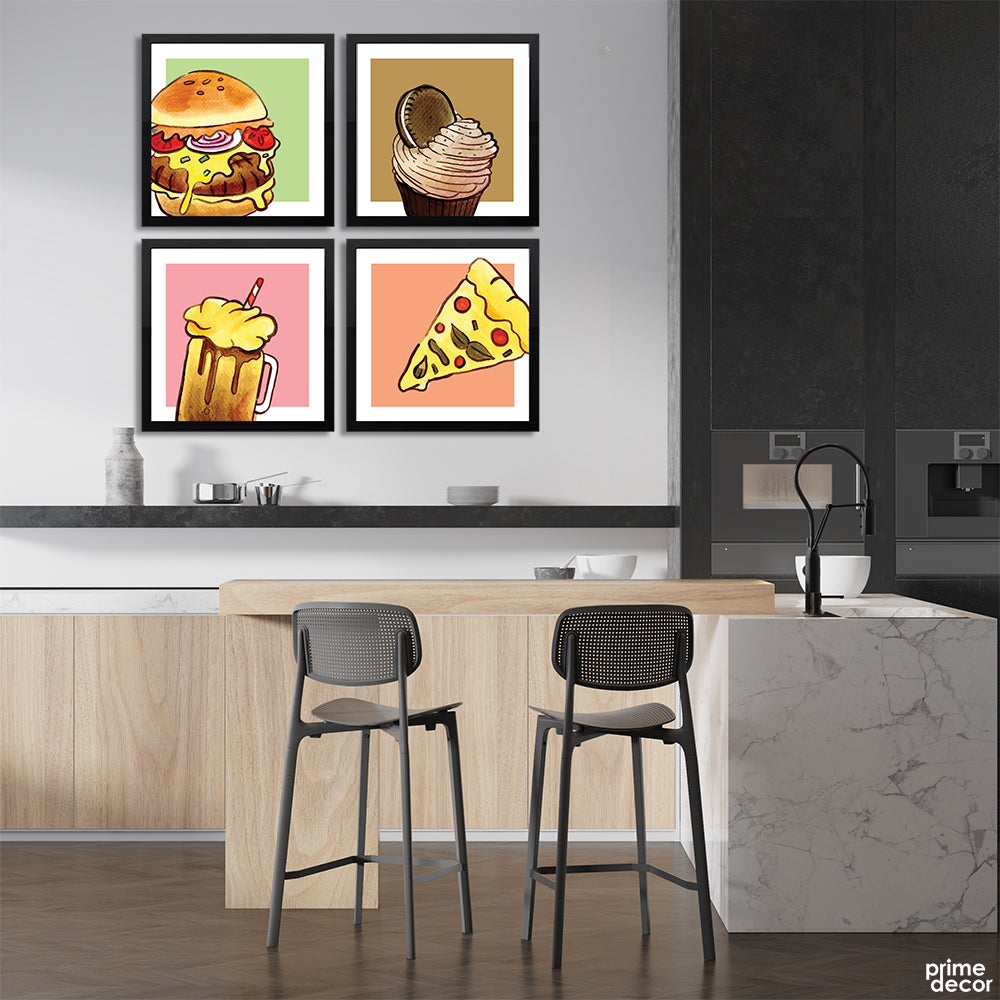 Watercolor Fast Food Elements With Pastel Backgrounds (4 Panel) Food Wall Art - Prime Décor
