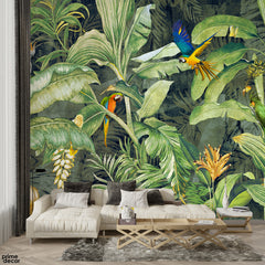 Tropical Exotic Leaves With Parrots In Forest | Nature Wallpaper Mural