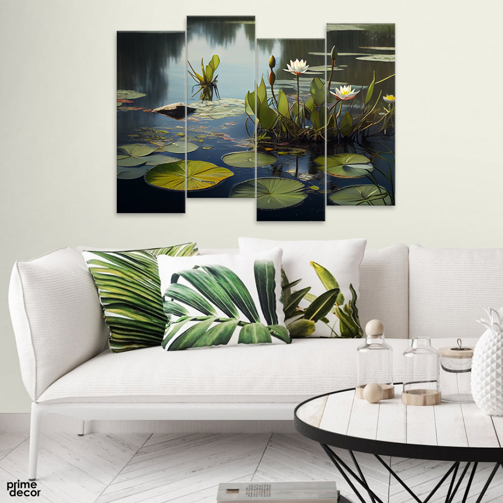Beautiful Lake View With Green Leaves (4 Panel) Nature Wall Art - Prime Décor