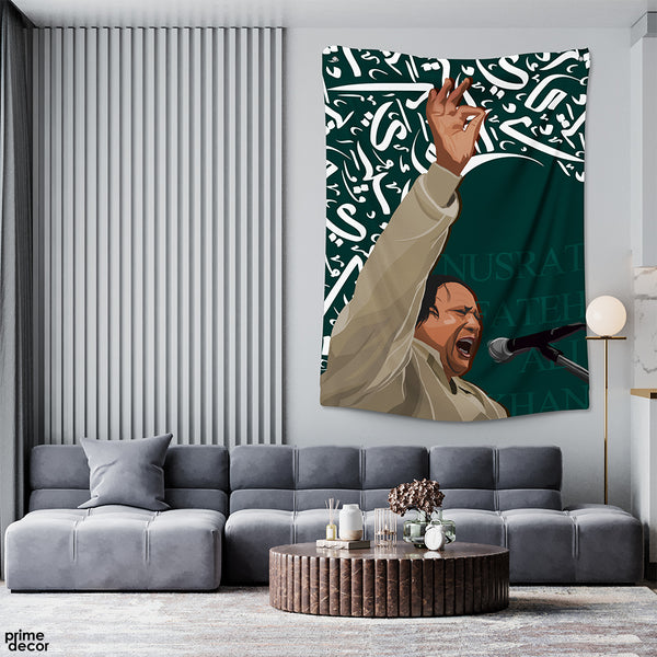 Nusrat Fateh Ali Khan Illustration With Calligraphic Background | Figure Tapestry - Prime Décor