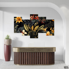 Carbon Grey & Sheen Gold Exotic Tropical Leaves (5 Panel) Floral Wall Art On Sale - Prime Décor
