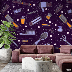 Lavender Salon Elements With Dark Purple Background | Fashion Wallpaper Mural - Prime Décor