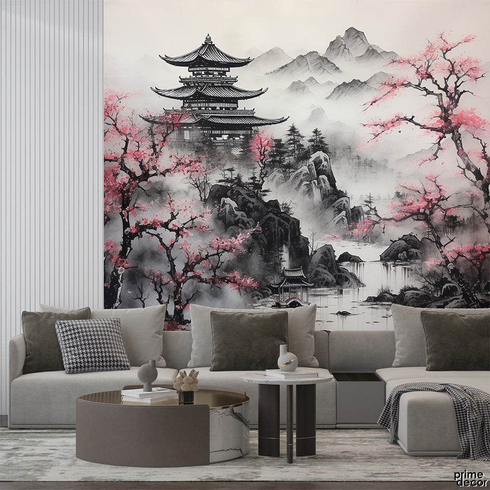 Japanese Pagoda In Pink & Black Sketch Style Art | Landscape Wallpaper Mural - Prime Décor