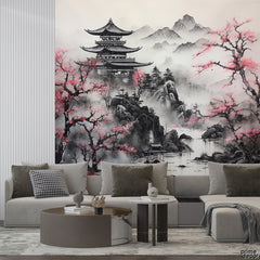 Japanese Pagoda In Pink & Black Sketch Style Art | Landscape Wallpaper Mural - Prime Décor