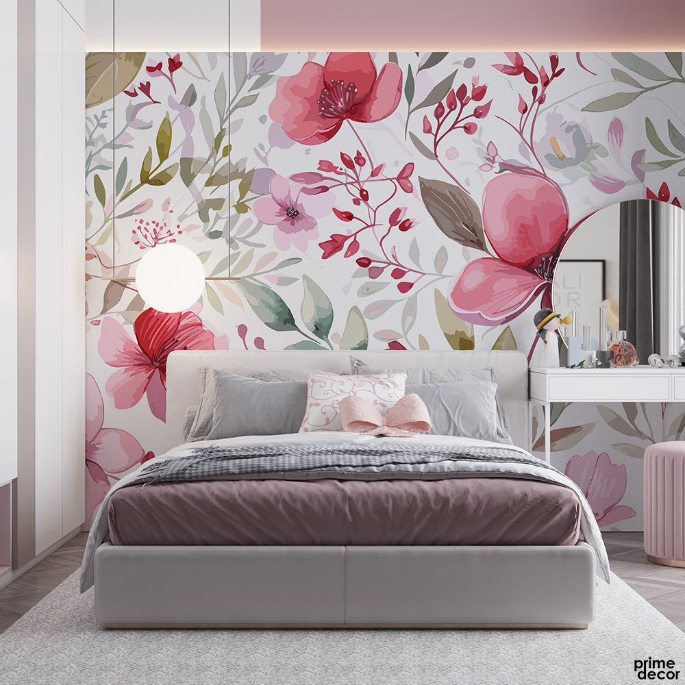 Faded Red Watercolor Flower Buds | Floral Wallpaper Mural – Prime Décor