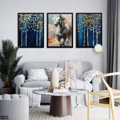 Pastel Grey Horse With Abstract Blue Paint Brush Strokes (3 Panel) Abstract Wall Art - Prime Décor