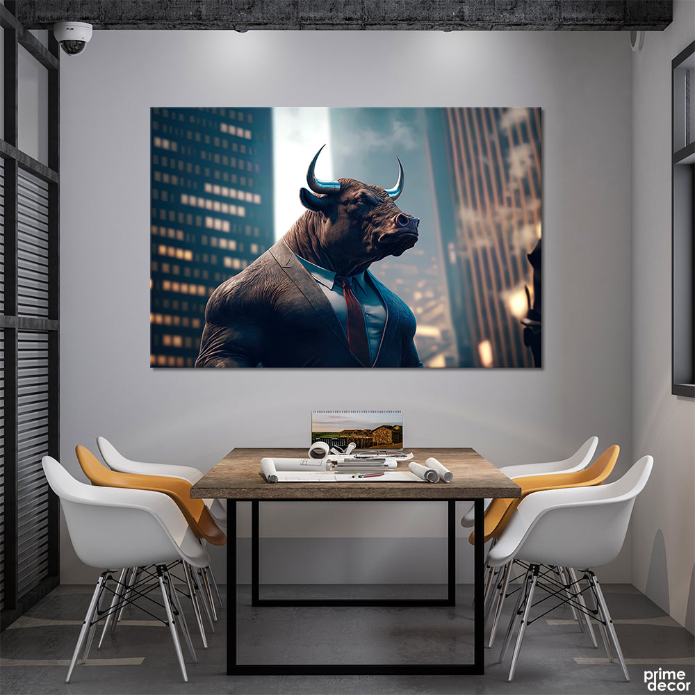 Suited Business Bull Stock Market (Single Panel) Office Wall Art - Prime Décor
