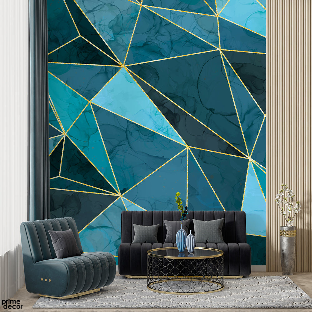Abtract Blue & Sea Green Design With Gold Lines | Abstract Wallpaper Mural - Prime Décor