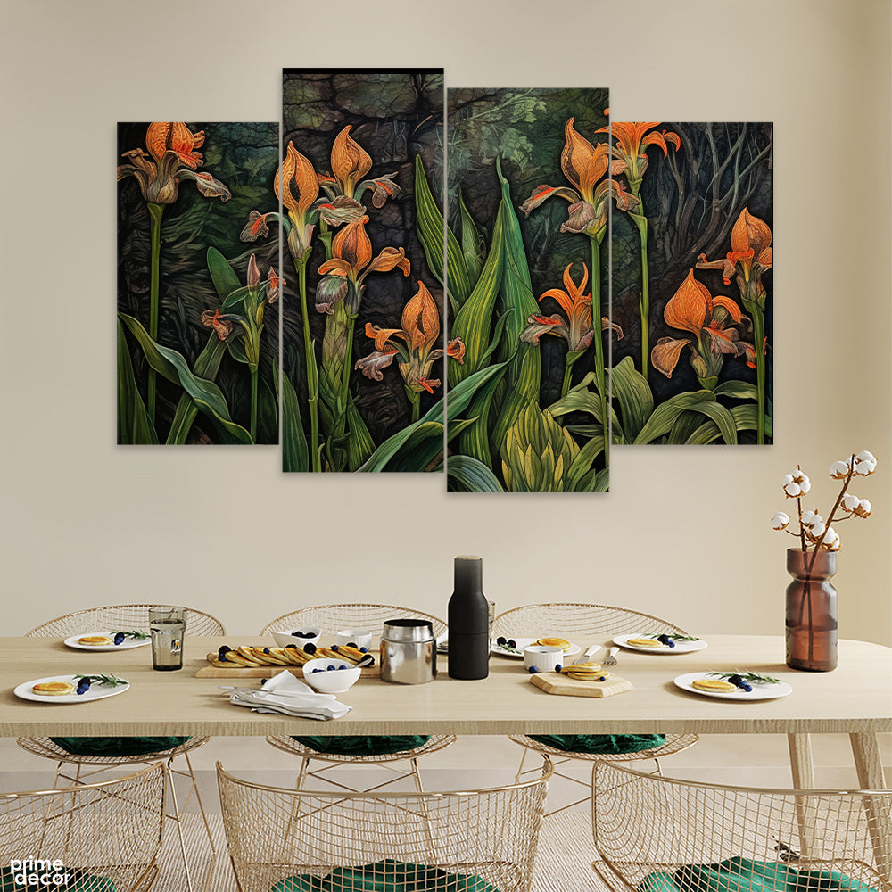 Beautiful Orange & Green Floral Design Over Black Blackground (4 Panel) Floral Wall Art - Prime Décor