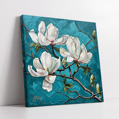 White Magnolia Flowers On Textured Teal Background (Single Panel) Digital Painting Wall Art