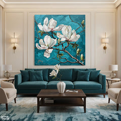 White Magnolia Flowers On Textured Teal Background (Single Panel) Digital Painting Wall Art