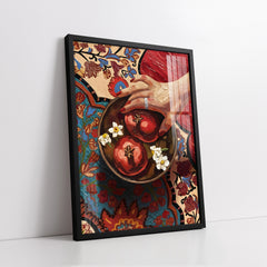 The Red Pomegranates On Colorful Patterned Rug (Single Panel) Digital Painting Wall Art