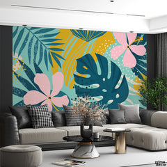 Deep Teal & Baby Pink Pastel Color Tropical Leaves | Floral Wallpaper Mural - Prime Décor
