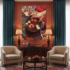 The Red Pomegranates On Colorful Patterned Rug (Single Panel) Digital Painting Wall Art