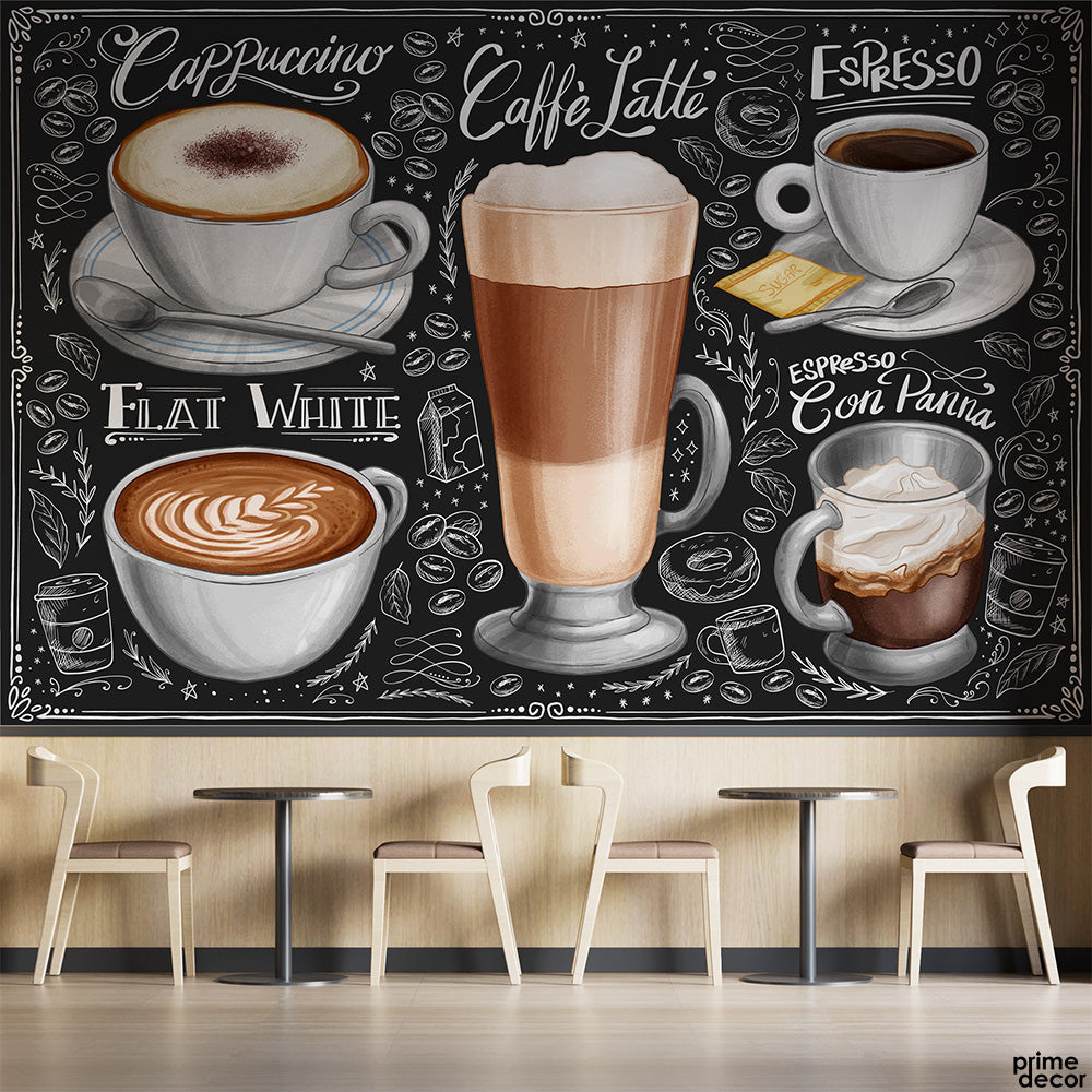 Coffee Latte Chalkboard Style Coffee Types | Cafe Wallpaper Mural - Prime Décor