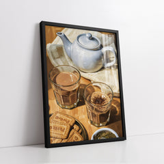 Chai Tea With Biscuits & Teapot Knife Work Style (Single Panel) Digital Painting Wall Art