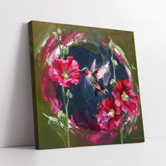 Hummingbird Hovering Near Vibrant Red Flowers (Single Panel) Digital Painting Wall Art