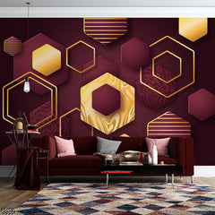Burgundy Wine & Gold Geometric Hexagons | Abstract Wallpaper Mural - Prime Décor
