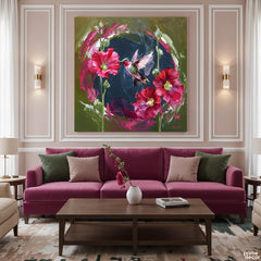 Hummingbird Hovering Near Vibrant Red Flowers (Single Panel) Digital Painting Wall Art
