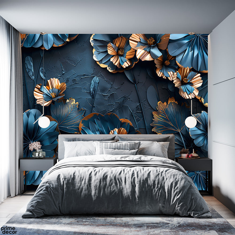 Slate Blue & Golden 3D Style Flowers | Floral Wallpaper Mural - Prime Décor