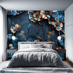 Slate Blue & Golden 3D Style Flowers | Floral Wallpaper Mural - Prime Décor