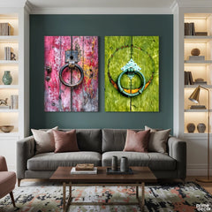 Vintage Door Knockers On Rustic Pink & Green Wooden Doors (Single Panel) Digital Painting Wall Art