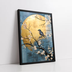 Blue Bird On Blossoming Branch With Golden Moon (Single Panel) Digital Painting Wall Art