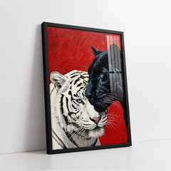 White Tiger & Black Panther On Red Background (Single Panel) Digital Painting Wall Art