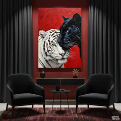 White Tiger & Black Panther On Red Background (Single Panel) Digital Painting Wall Art