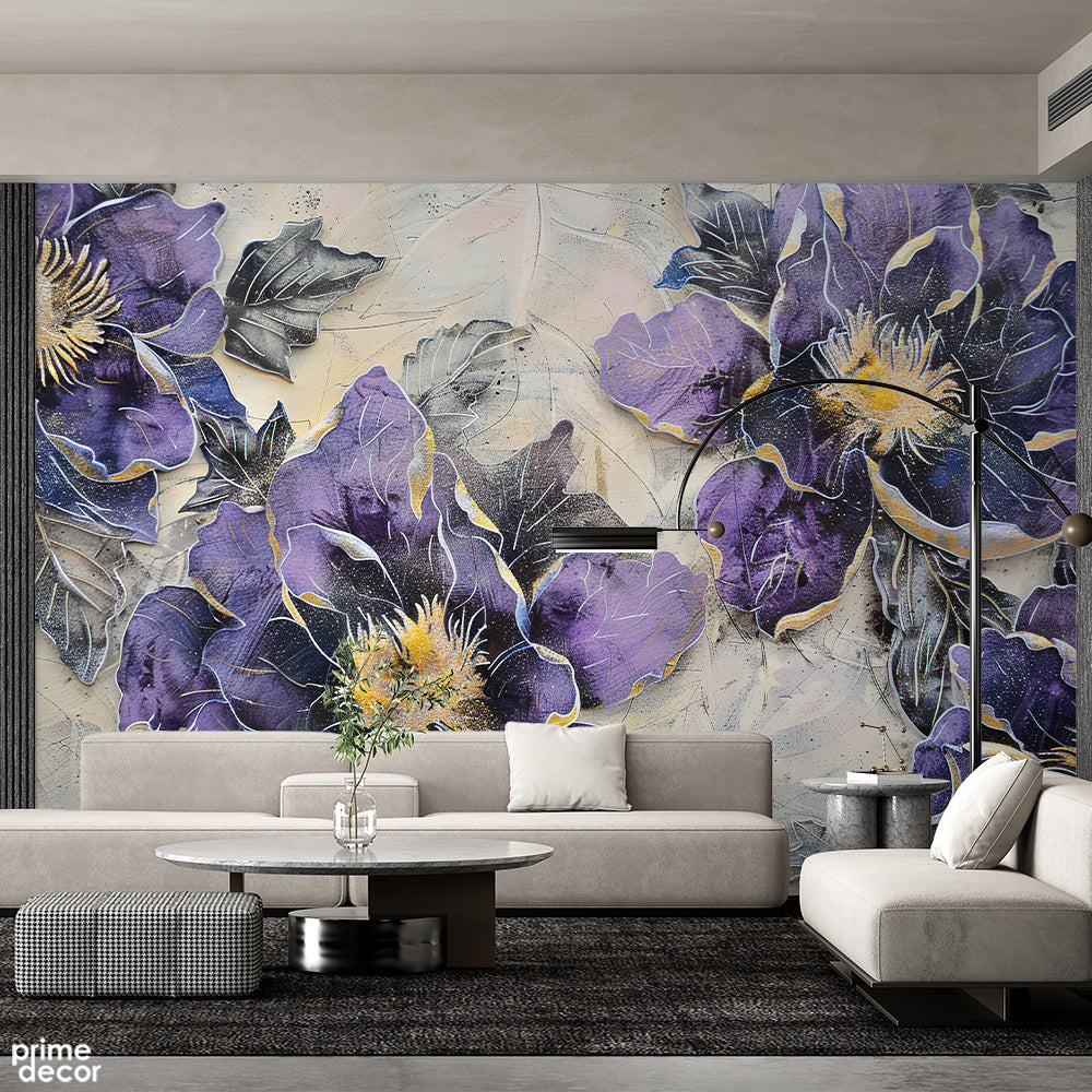 Beautiful Purple Flowers Over White Background | Floral Wallpaper Mural - Prime Décor