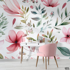 Pink Pearl Color Watercolor Flowers And Leaves | Floral Wallpaper Mural - Prime Décor