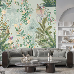 Garden Fountains & Floral Vines With Mint Green Background | Chinoiserie Style Wallpaper Mural