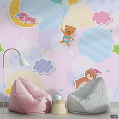 Cute Sleepy Teddy Bear With Cloud Shapes | Nursery Wallpaper Mural - Prime Décor